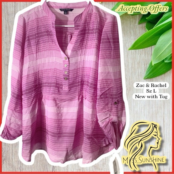 Zac & Rachel NEW - Sz L - Pink Blouse pop over cover up Elegant striped Top - Picture 1 of 7